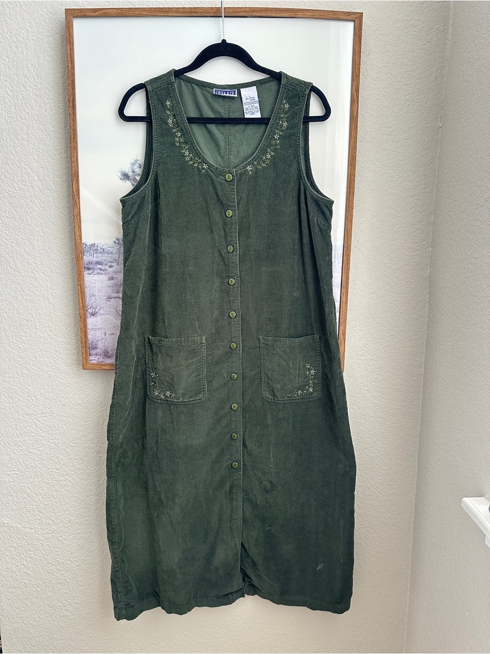 Vintage 90s Erika & Co Olive Green Corduroy Embroidered Dress L